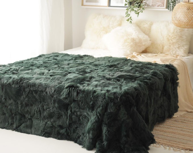 Luxurious Patchwork Toscana Sheepskin Rug Fur Throw | Real Fur Blanket | Sheepskin throw | Dark Green Sheepskin Blanket Boho |MFU17