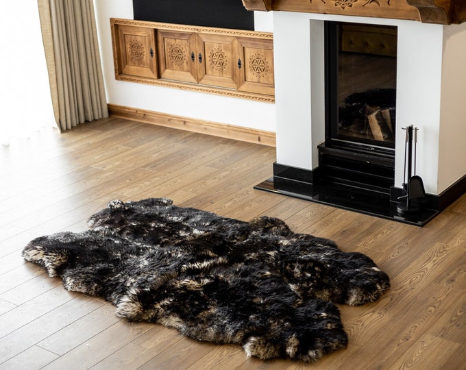 Quad Black White Merino Sheepskin Rug | Long rug | Shaggy Rug | Chair Cover | Area Rug | Mouflon Rug | Carpet | White Black Tips Throw
