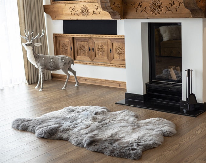 Triple Gray color Merino Sheepskin Rug | Long rug | Shaggy Rug | Chair Cover | Area Rug | Gray Rug | Carpet | Gray Throw |