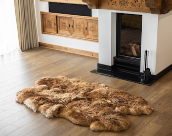 Quad Brown White Merino Sheepskin Rug | Long rug | Shaggy Rug | Chair Cover | Area Rug | Mouflon Rug | Carpet | White Brown Tips Throw