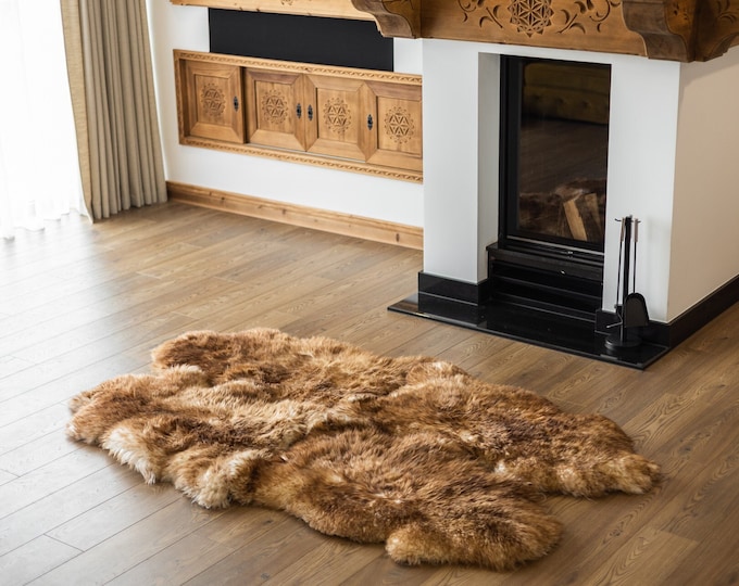 Quad Brown White Merino Sheepskin Rug | Long rug | Shaggy Rug | Chair Cover | Area Rug | Mouflon Rug | Carpet | White Brown Tips Throw