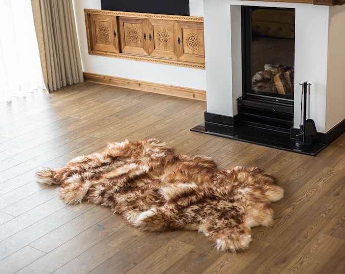 Triple Brown White Mouflon Icelandic Sheepskin Rug | Long rug | Shaggy Rug | Chair Cover | Area Rug | Brown Rug | Carpet | Mouflon
