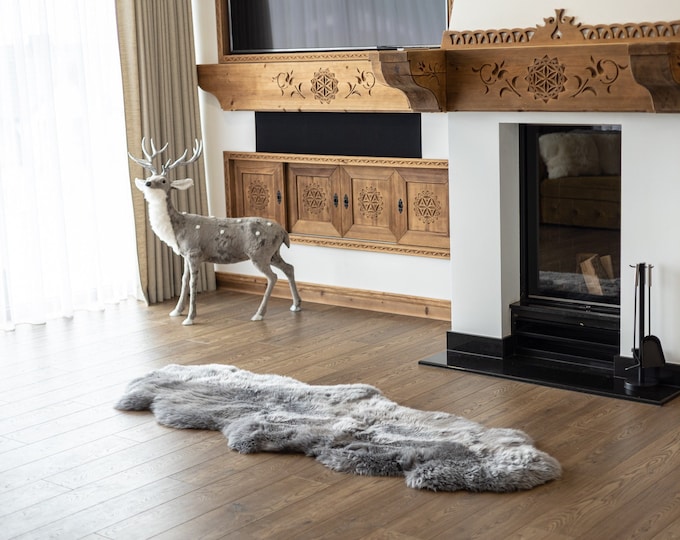 Double Gray Merino Sheepskin Rug | Long rug | Shaggy Rug | Chair Cover | Area Rug | Gray Rug | Carpet | Gray Throw | Sheep Skin