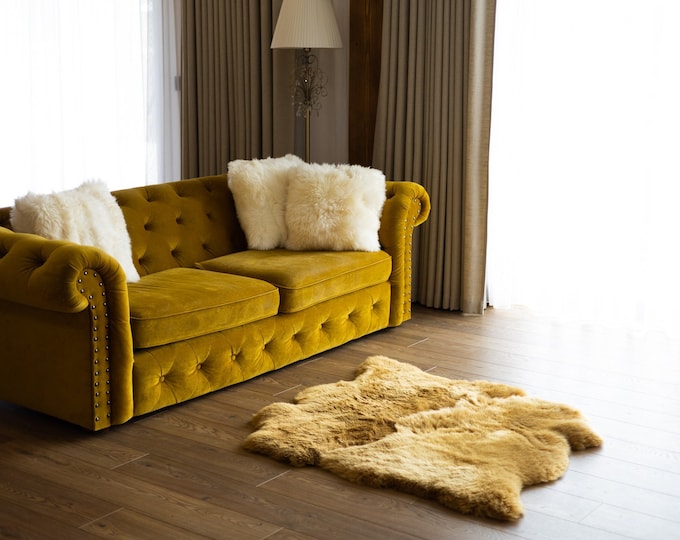 Double Mustard color Merino Sheepskin Rug | Long rug | Shaggy Rug | Chair Cover | Area Rug | Mustard Rug | Carpet | Mustard Throw