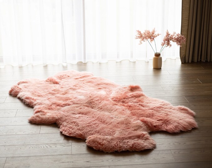 Quad Baby Pink Merino Sheepskin Rug | Long rug | Shaggy Rug | Chair Cover | Area Rug | Baby Pink Rug | Carpet | Baby Pink Throw