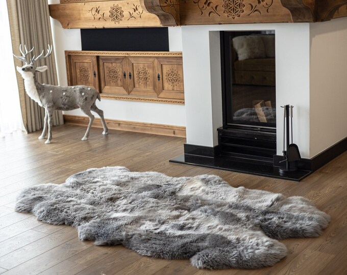 Quad Gray Merino Sheepskin Rug | Long rug | Shaggy Rug | Chair Cover | Area Rug | Gray Rug | Carpet | Gray Throw