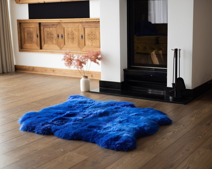 Double Blue Sheepskin Rug | Long rug | Shaggy Rug | Chair Cover | Area Rug | Blue Rug | Carpet | Blue Throw | Sheep Skin