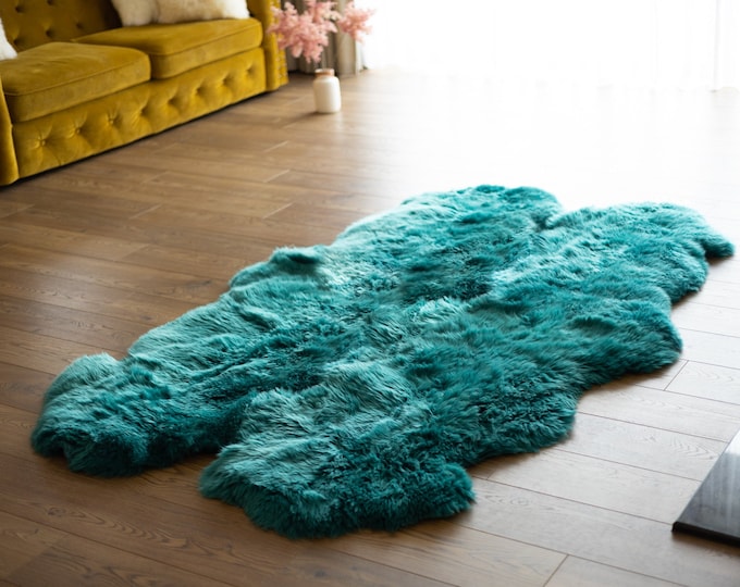 Quad Turquoise Blue Merino Sheepskin Rug | Long rug | Shaggy Rug | Chair Cover | Area Rug | Turquoise Rug | Carpet | Turquoise Throw