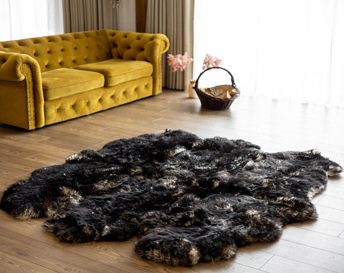 ON SALE Sexto Sheepskin Rug | Long rug | Shaggy Rug | Chair Cover | Area Rug | Black Rug | Carpet | Black Sheepskin