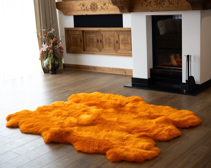 Genuine Natural Orange Merino Sheepskin Rug, Pelt Giant Sheepskin Rug, Large Sheepskin Rug Sheepskin throw Orange Sheep Skin Orange Blanket