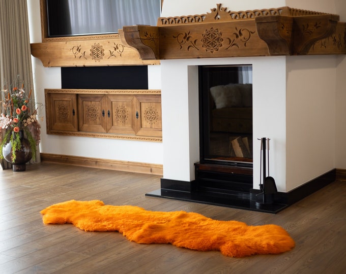 Double Orange Merino Sheepskin Rug | Long rug | Shaggy Rug | Chair Cover | Area Rug | Orange Rug | Carpet | Orange Throw | Sheep Skin