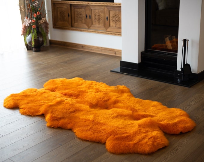 Quad Orange Merino Sheepskin Rug | Long rug | Shaggy Rug | Chair Cover | Area Rug | Orange Rug | Carpet | Orange Throw | Sheep Skin