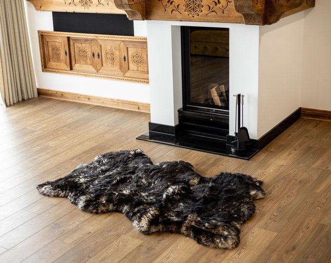 Triple Black White Mouflon Merino Sheepskin Rug | Long rug | Shaggy Rug | Chair Cover | Area Rug | Black Rug | Carpet | Black White Mouflon