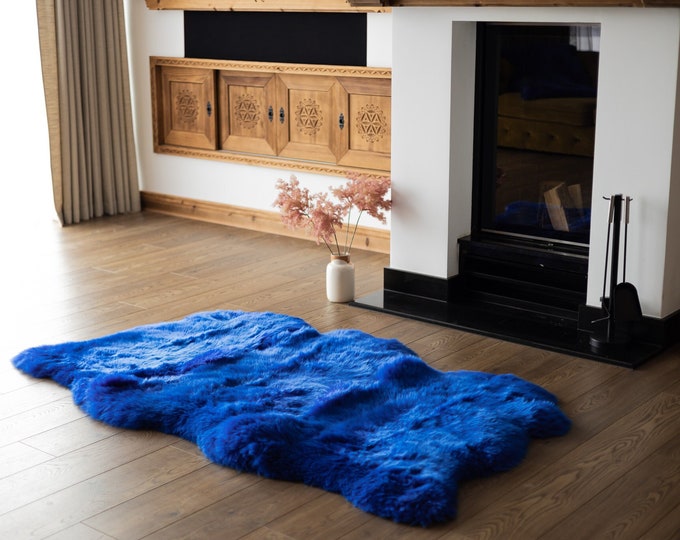 Triple Blue Sheepskin Rug | Long rug | Shaggy Rug | Chair Cover | Area Rug | Blue Rug | Carpet | Blue Throw | Sheep Skin | Blue Sheep Skin