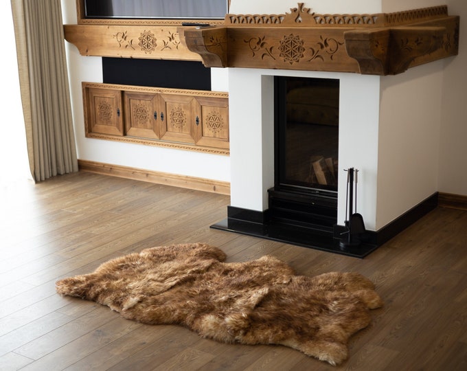 Triple Brown White Mouflon Merino Sheepskin Rug | Long rug | Shaggy Rug | Chair Cover | Area Rug | Brown Rug | Carpet | Brown White Mouflon