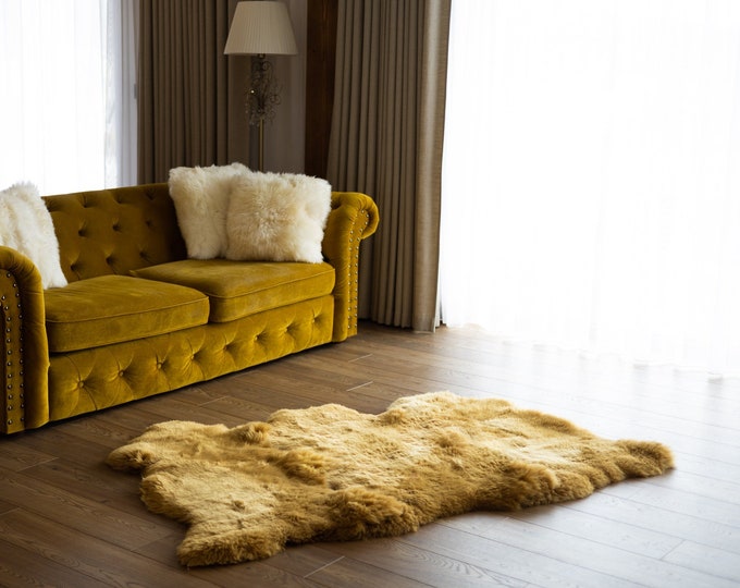 Triple Mustard color Merino Sheepskin Rug | Long rug | Shaggy Rug | Chair Cover | Area Rug | Mustard Rug | Carpet | Mustard Throw |