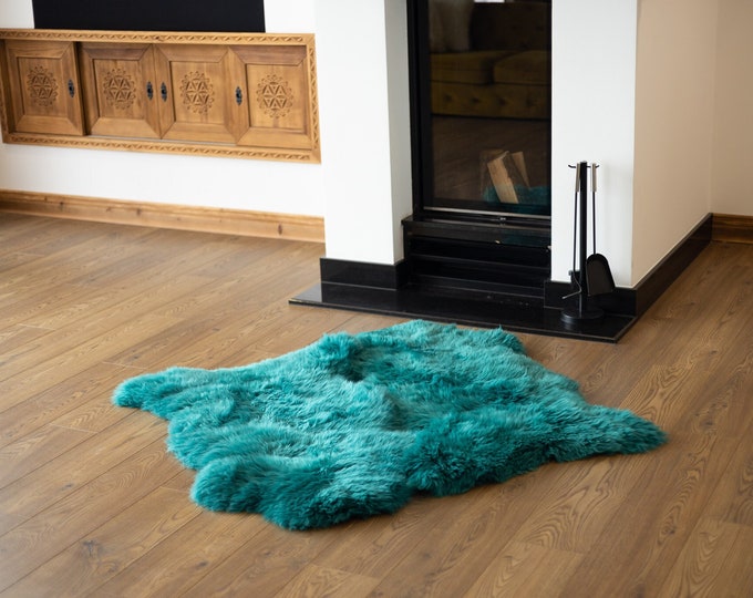 Double Turquoise Blue Merino Sheepskin Rug | Long rug | Shaggy Rug | Chair Cover | Area Rug | Turquoise Rug | Carpet | Turquoise Blue Throw
