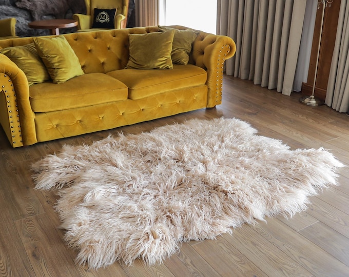 Real Fur Sheepskin Curly Throw | Super Large | Sheepskin Rug | Boho Blanket | Icelandic Beige sheepskin | Scandinavian Home