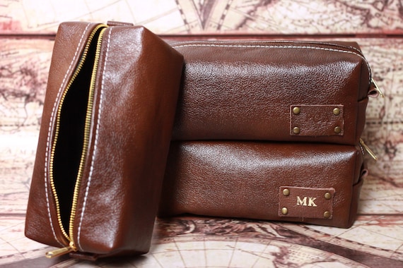 HANDMADE Personalized Men's Leather Toiletry Case Dopp Kit Shaving Bag OOAK Groosmen Gift