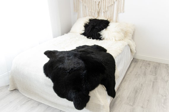 Double Black Merino Sheepskin Rug | Long rug | Shaggy Rug | Chair Cover | Area Rug | Black Rug | Carpet | Black Sheepskin Merino Black