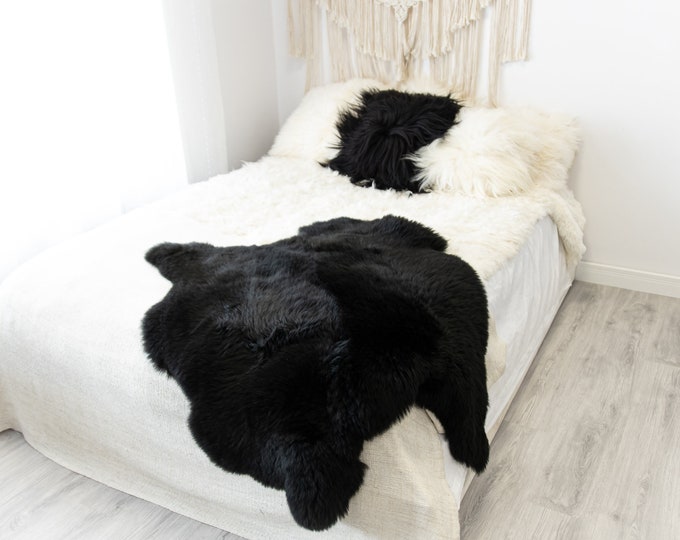 Double Black Merino Sheepskin Rug | Long rug | Shaggy Rug | Chair Cover | Area Rug | Black Rug | Carpet | Black Sheepskin Merino Black