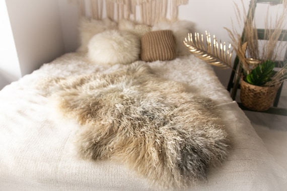 Real Sheepskin Rug Genuine Rare Gotland Sheepskin Rus - Curly Fur Rug Scandinavian Sheep skin - Gray Gold Curly Sheepskin #Bohgot14