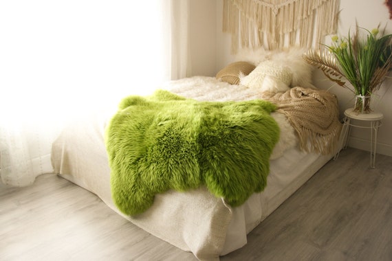 Double Sheepskin Rug | Long rug | Shaggy Rug | Chair Cover | Runner Rug | Green Rug | Green Sheepskin
