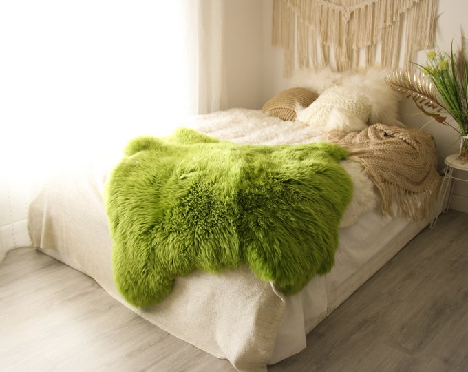 Double Sheepskin Rug | Long rug | Shaggy Rug | Chair Cover | Runner Rug | Green Rug  | Green Sheepskin