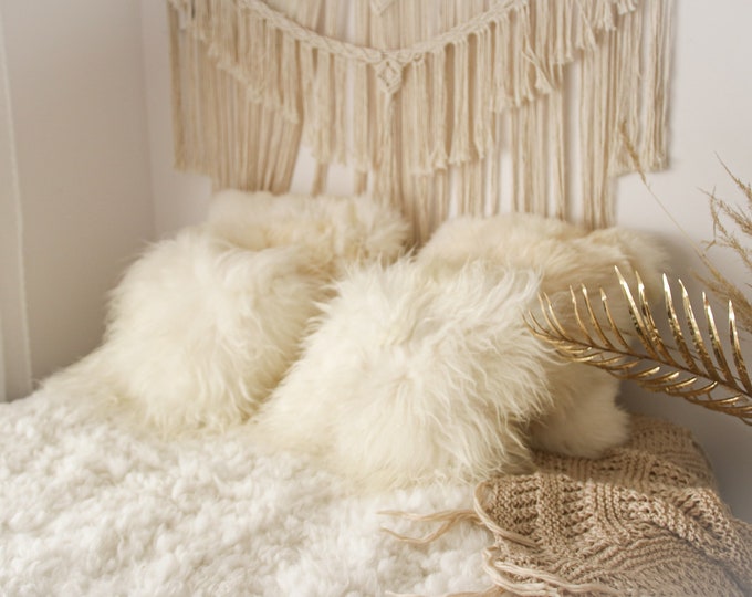 Beautiful Natural Creamy White Real Sheepskin Decorative Cushion Both Side Fur Scandinavian Style