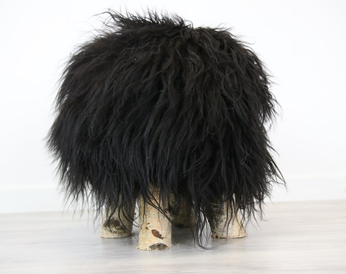 Wood Stool | Black Fur Stool | Sheepskin pouf | Icelandic Sheepskin stool | Vanity Stool | Birch tree stool | black stool
