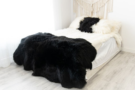Quad Black Merino Sheepskin Rug | Long rug | Shaggy Rug | Chair Cover | Area Rug | Black Rug | Carpet | Black Sheepskin Merino Black