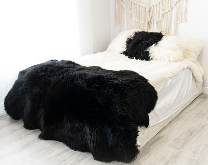 Quad Black Merino Sheepskin Rug | Long rug | Shaggy Rug | Chair Cover | Area Rug | Black Rug | Carpet | Black Sheepskin Merino Black