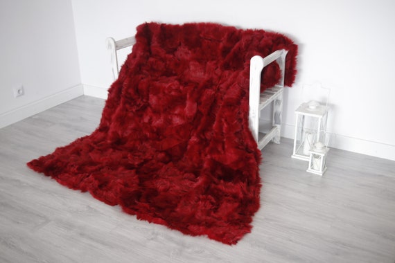 Luxurious Patchwork Toscana Sheepskin Real Fur Throw | Real Fur Blanket | Sheepskin throw | Red |Fu991