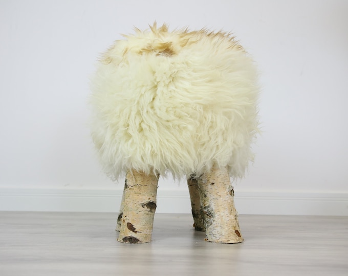 Wood Stool |  Fur Stool | Sheepskin pouf |Sheepskin stool | Vanity Stool | Birch tree stool | white fur stool