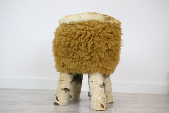 Wood Stool | Fur Stool | Sheepskin pouf |Sheepskin stool | Vanity Stool | Birch tree stool | carmel fur stool