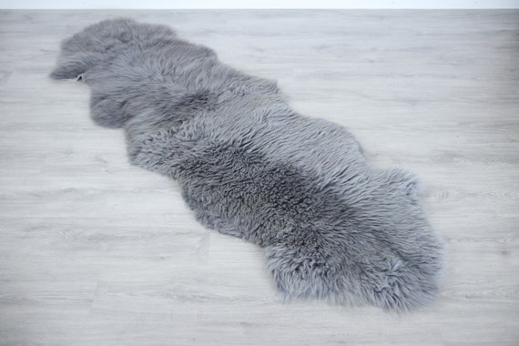 Double Sheepskin Rug Long rug Sheepskin Throw Chair Cover Runner Rug Carpet Grey Sheepskin Sheep Skin Rug Grey rug | 2double1