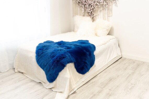 Double Blue Sheepskin Rug | Long rug | Shaggy Rug | Chair Cover | Area Rug | Blue Rug | Carpet | Blue Throw | Sheep Skin