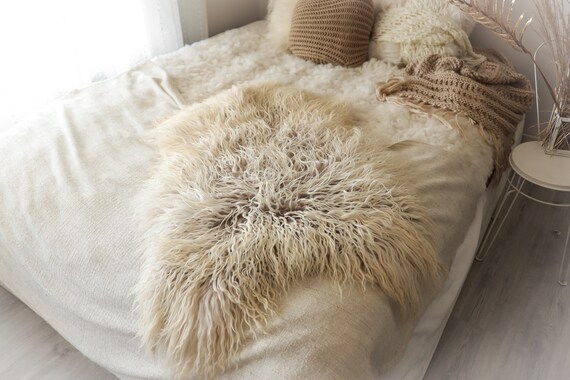 Real Sheepskin Rug Genuine Rare Mongolian Sheepskin Rus - Curly Fur Rug Scandinavian Sheep skin - Ivory White Curly Sheepskin #2Bohgot10