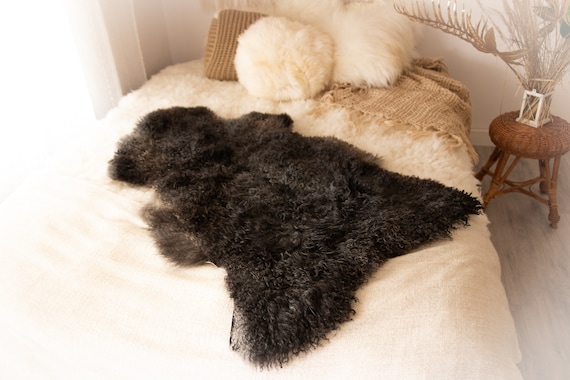Real Sheepskin Rug Genuine Rare Gotland Sheepskin Rus - Curly Fur Rug Scandinavian Sheep skin - Gray Black Sheepskin #KWAGOT3