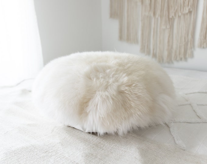 One side fur,Sheepskin Fur Pillow, Real fur pillow, Round fur pillow, Round sheepskin pillow, White round pillow, scandinavian pillow,