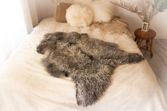 Real Sheepskin Rug Genuine Rare Gotland Sheepskin Rus - Curly Fur Rug Scandinavian Sheep skin - Gray Black Sheepskin #KWAGOT4