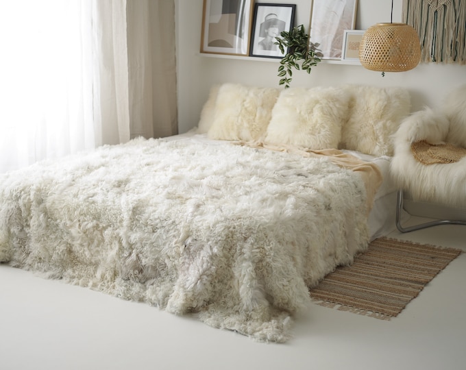 Luxurious Curly Patchwork Toscana Sheepskin Real Fur Throw | Real Fur Blanket | Sheepskin throw | Ivory Sheepskin Blanket Boho |FuFu411