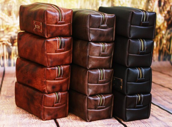 Leather Toiletry Bag Travel Shaving Dopp Kit with Free Monogram Gift for Man Groomsmen Groom Wedding