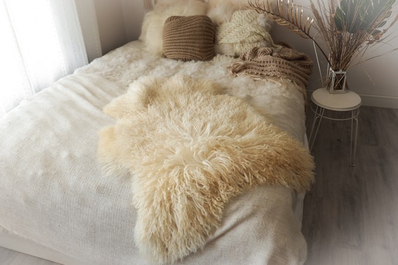 Real Sheepskin Rug Genuine Rare Mongolian Sheepskin Rus - Curly Fur Rug Scandinavian Sheep skin - Ivory White Curly Sheepskin #2Bohgot15