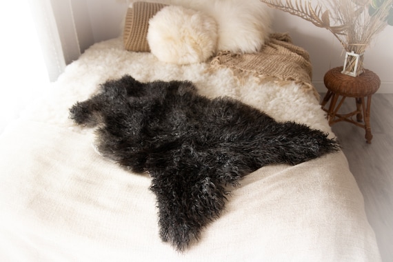 Real Sheepskin Rug Genuine Rare Gotland Sheepskin Rus - Curly Fur Rug Scandinavian Sheep skin - Gray Black Sheepskin #KWAGOT10