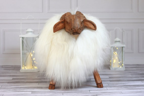 ON SALE Sheepskin Bench | Nursery decor | Handmade wooden Sheep bench | Sheepskin Stool | Sheep sculpture | Rustic Stool |