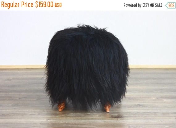 ON SALE WOW! Exclusive Luxury Beautiful Unique Natural, Real icelandic Sheepskin Stool, bench, chair cover soft, long fur black