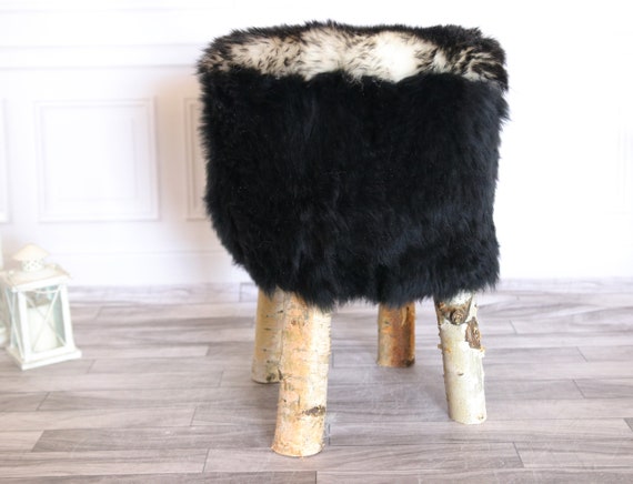 Wood Stool | Fur Stool | Sheepskin pouf | Sheepskin stool | Vanity Stool | Birch tree stool | Black stool