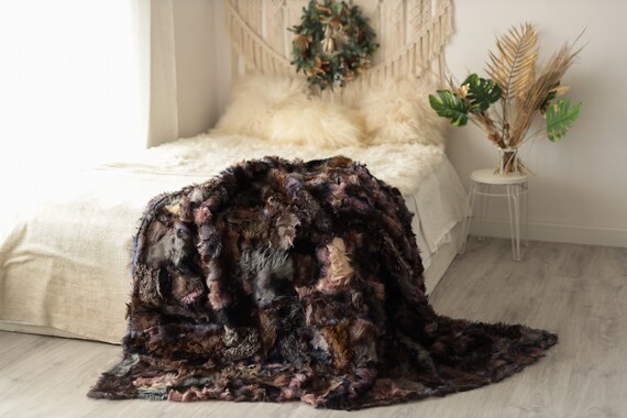 Luxurious Patchwork Toscana Sheepskin Real Fur Throw | Real Fur Blanket | Sheepskin throw | Boho Throw | 5fu6