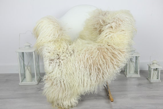 Genuine Rare Mongolian Sheepskin Rug - Curly Fur Rug - Natural Sheepskin - Beige Ivory Sheepskin #CURLY8
